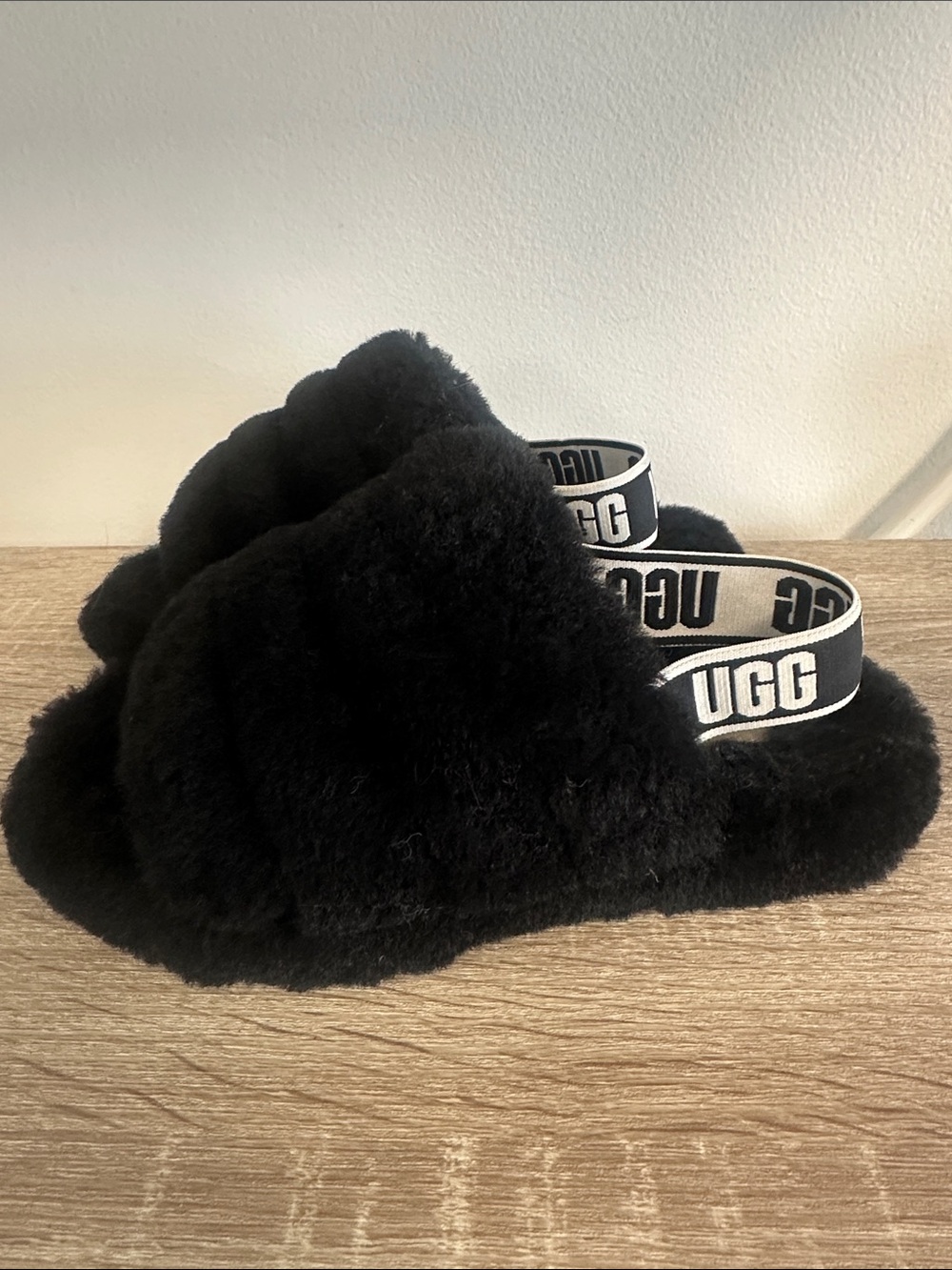 UGG Fluff Ya Black Fuzzy Slide Sandals with Logo Elastic Back
